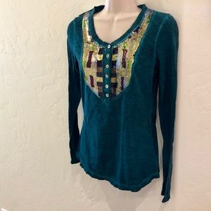 NWT Free People teal sequence long sleeve top